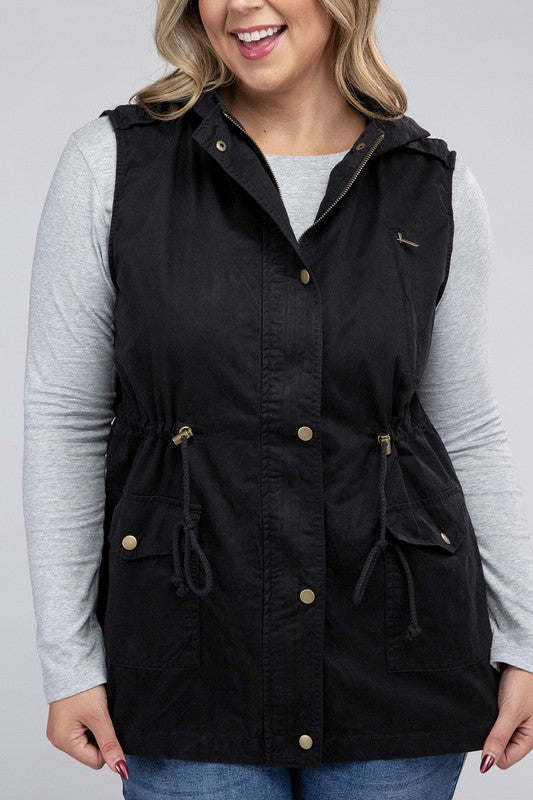 Drawstring Waist Military Hoodie Vest (Plus Sizes)