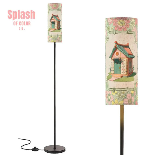 Floral Heritage Mahjong House, Whimsical Green, Pink Book Book Preppy Floor Lamp
