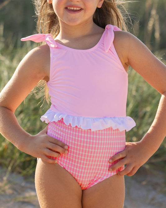 Textured Gingham Girls Skirted Swimsuit with Ties