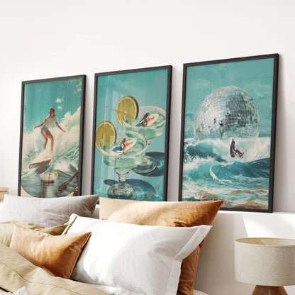 Retro Coastal Surfing Wall Art Set of 3. Surreal Blue Wave