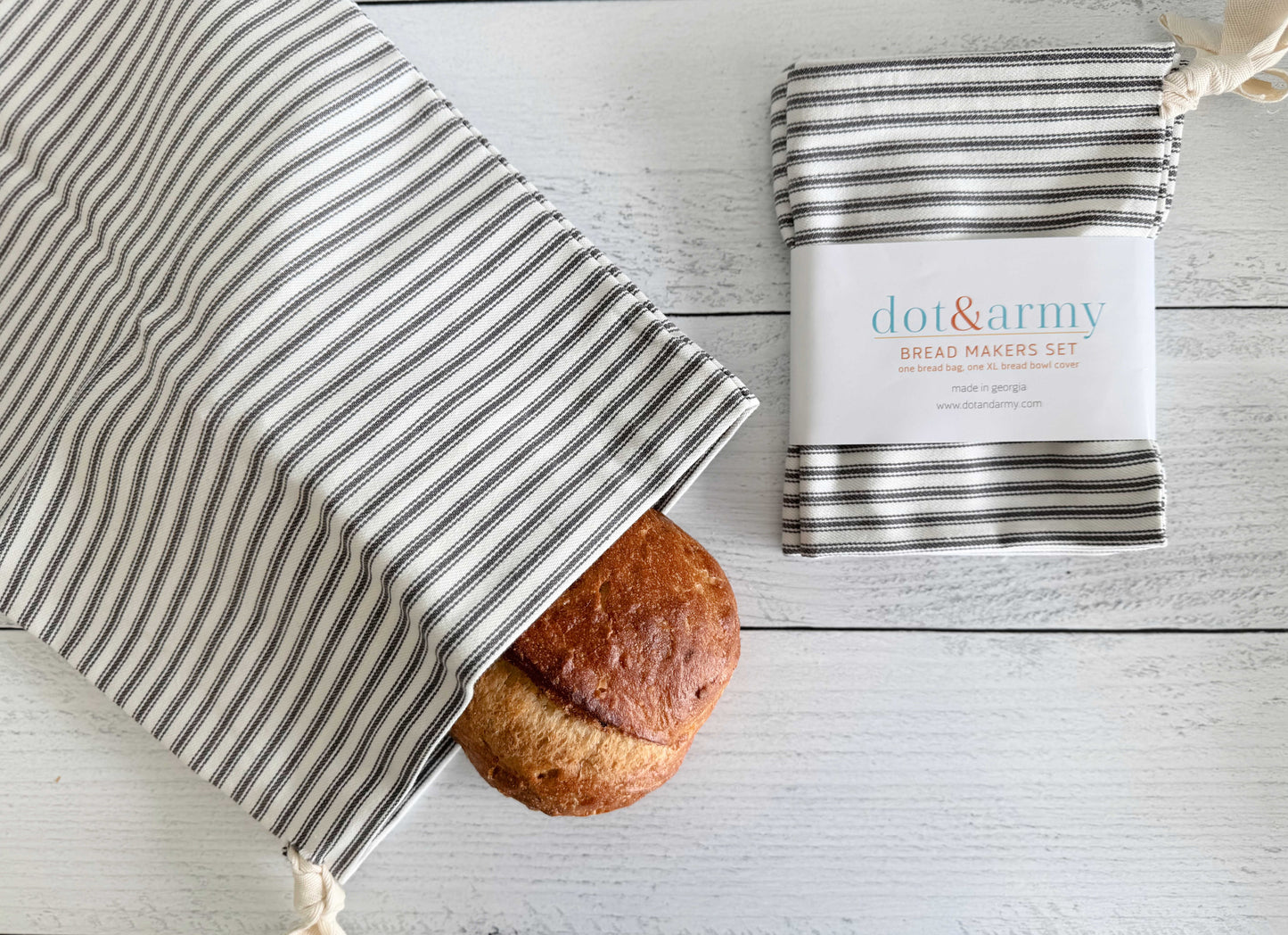 Grey Ticking Stripe Bread Bags, set of two