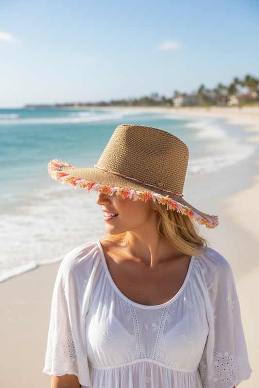 Braided Sun Hat with Paper Raffia Accent (Coral)