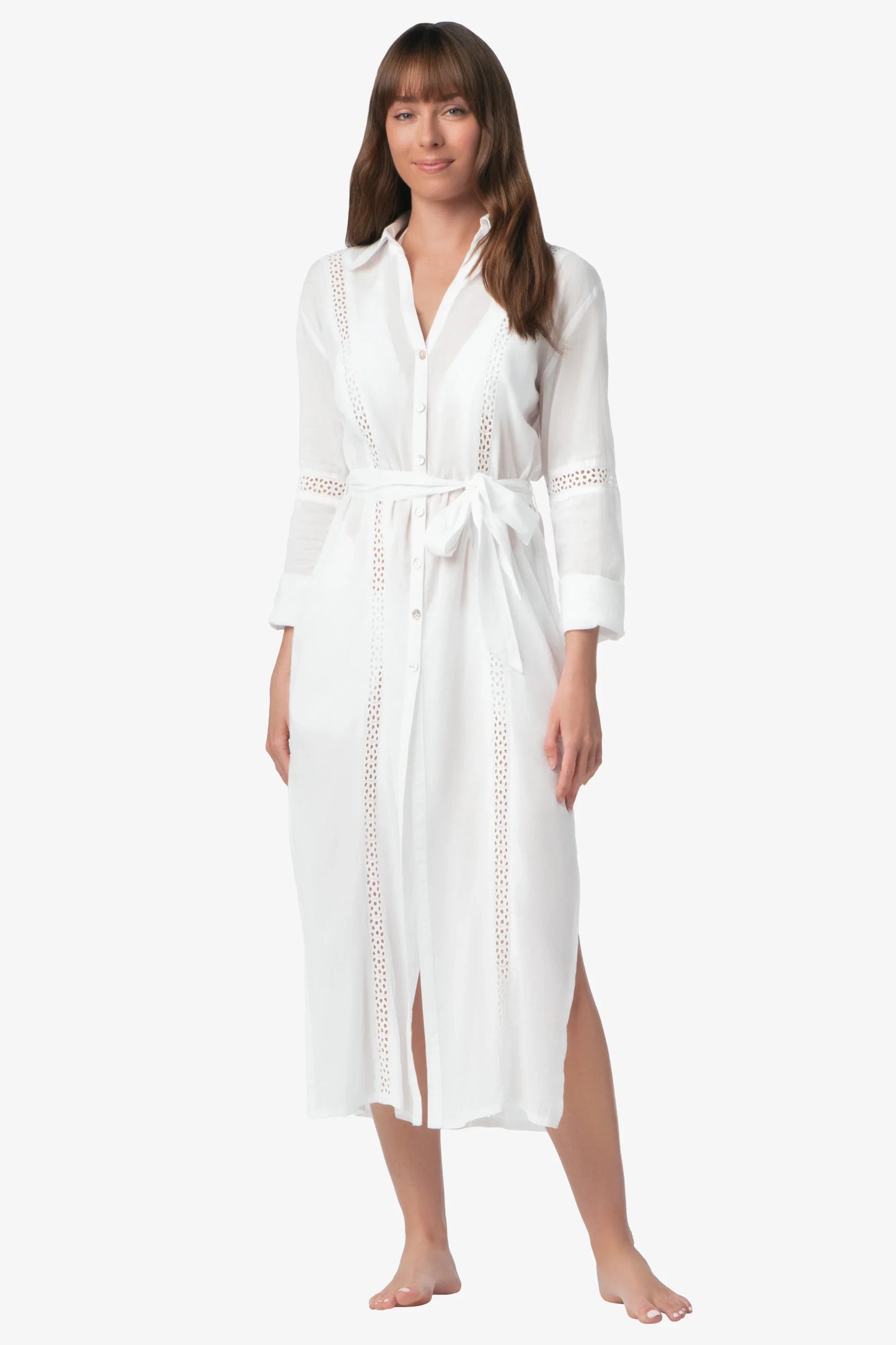Eyelet Trim Long Shirt Dress  |  White