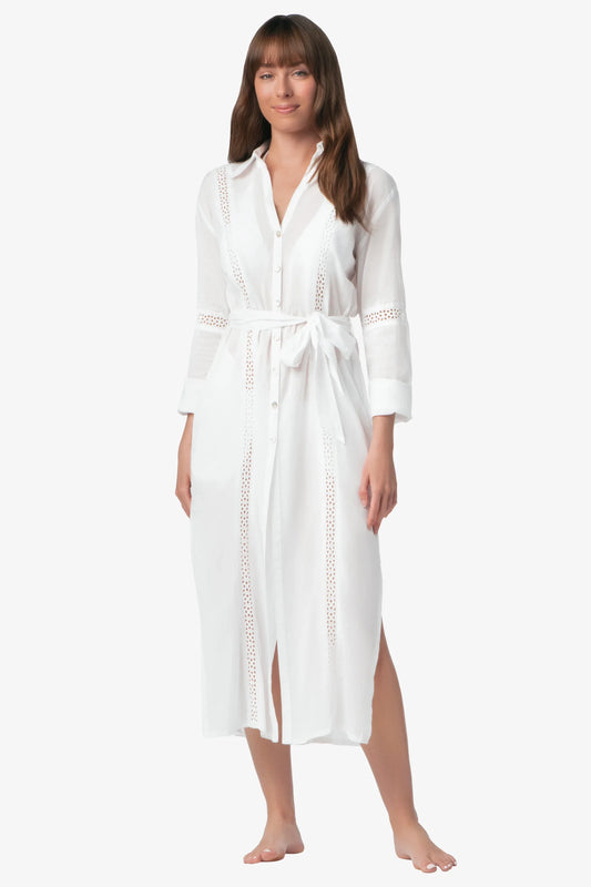 Eyelet Trim Long Shirt Dress  |  White