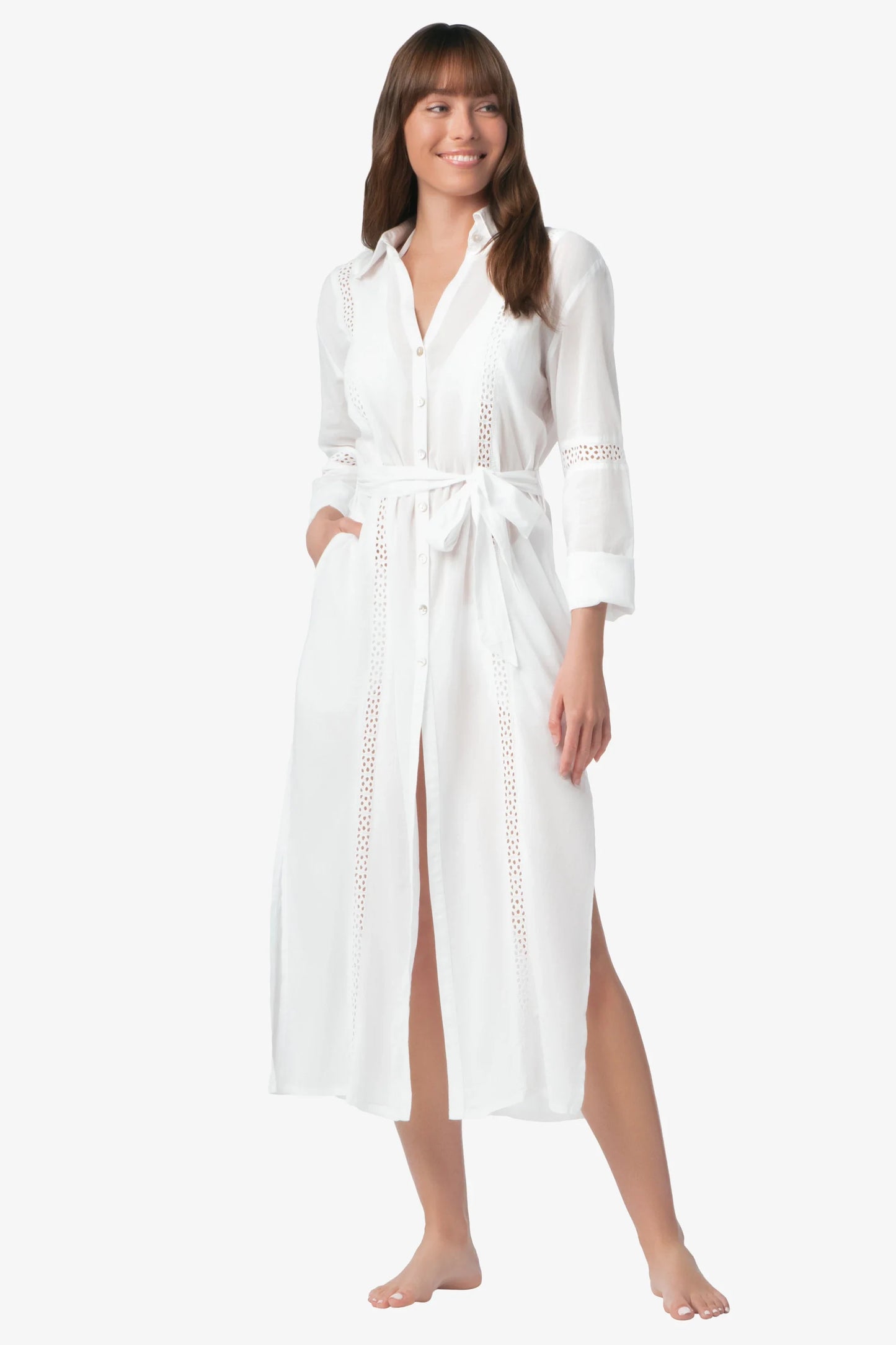 Eyelet Trim Long Shirt Dress  |  White