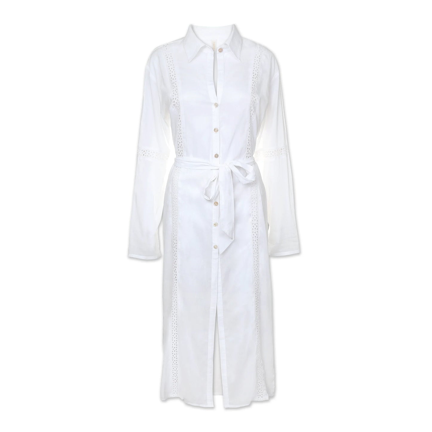 Eyelet Trim Long Shirt Dress  |  White
