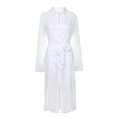 Eyelet Trim Long Shirt Dress  |  White