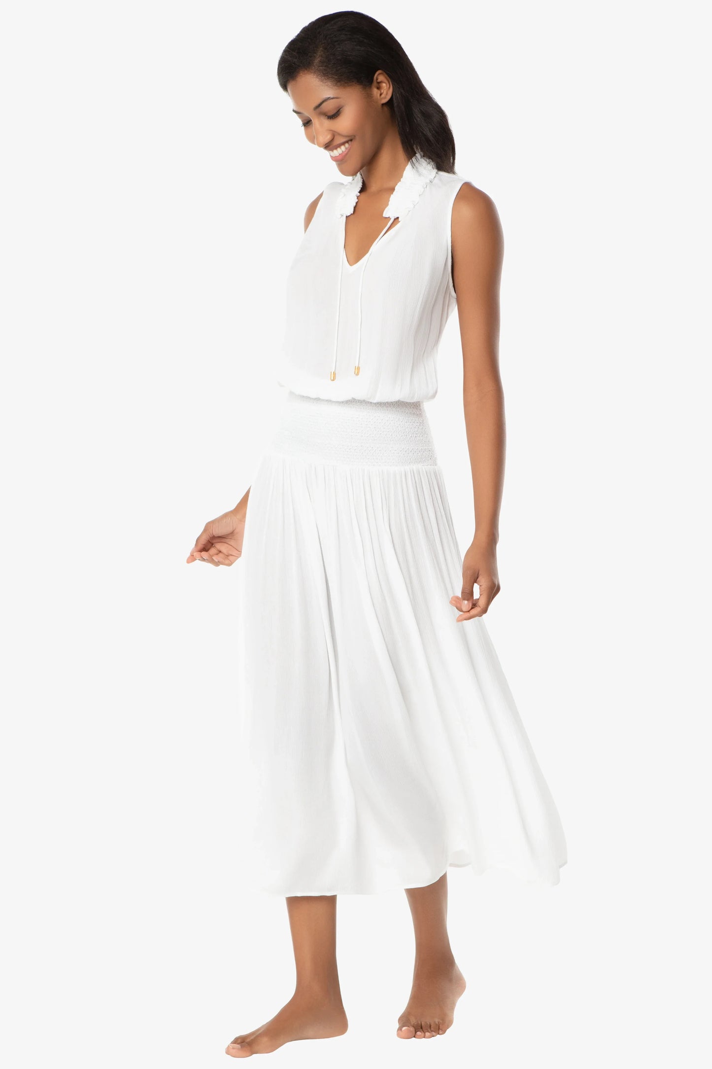 Sleeveless Smocked Dress  |  White