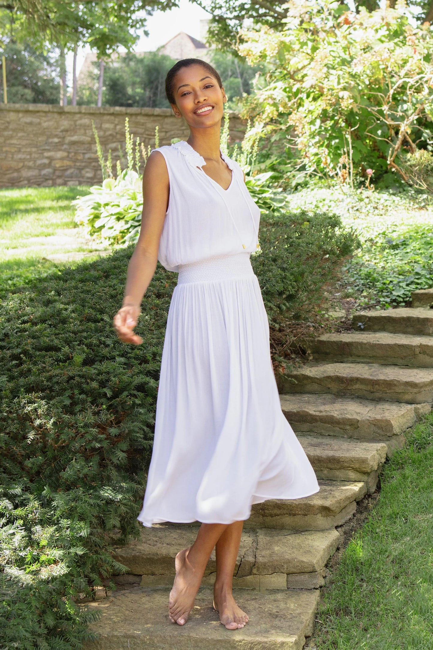 Sleeveless Smocked Dress  |  White
