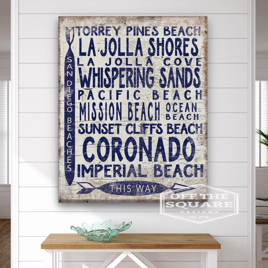 San Diego Beaches Sign - Vintage Wood Look Arrow