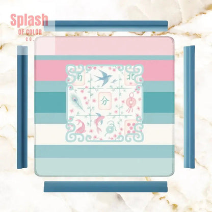 Mahjong Mat Preppy Pink Teal Blue, Watercolor Tile Floral Game Mat