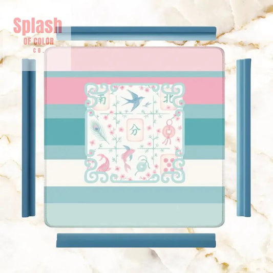 Mahjong Mat Preppy Pink Teal Blue, Watercolor Tile Floral Game Mat