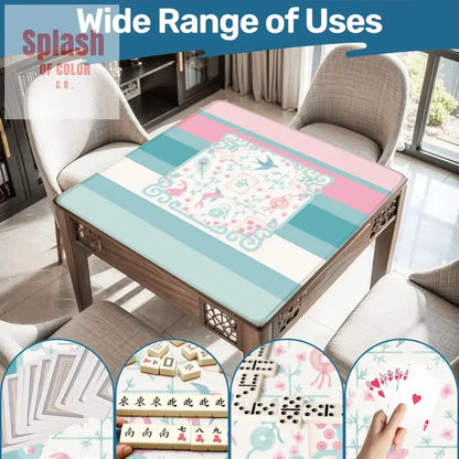 Mahjong Mat Preppy Pink Teal Blue, Watercolor Tile Floral Game Mat