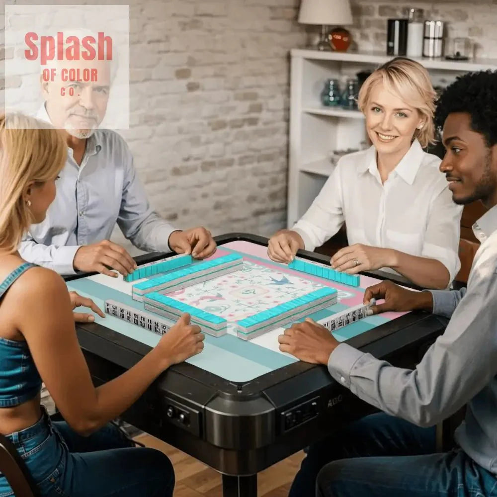 Mahjong Mat Preppy Pink Teal Blue, Watercolor Tile Floral Game Mat