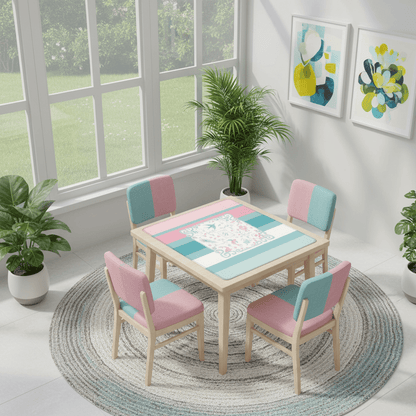 Mahjong Mat Preppy Pink Teal Blue, Watercolor Tile Floral Game Mat