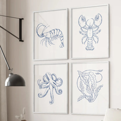 Sealife Line Art Set of 4 Prints. Lobster, Seaweed, Octopus