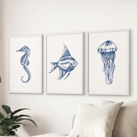 Sea Animal Posters. Seahorse, Fish, Jellyfish Art Print Set