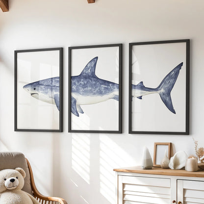 Shark Wall Art. Set of 3 Watercolor Ocean Animal Prints