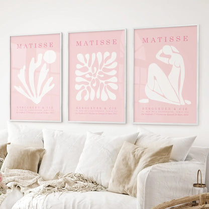 Pink Matisse Cutouts Wall Art. Minimalist Set of 3 Posters