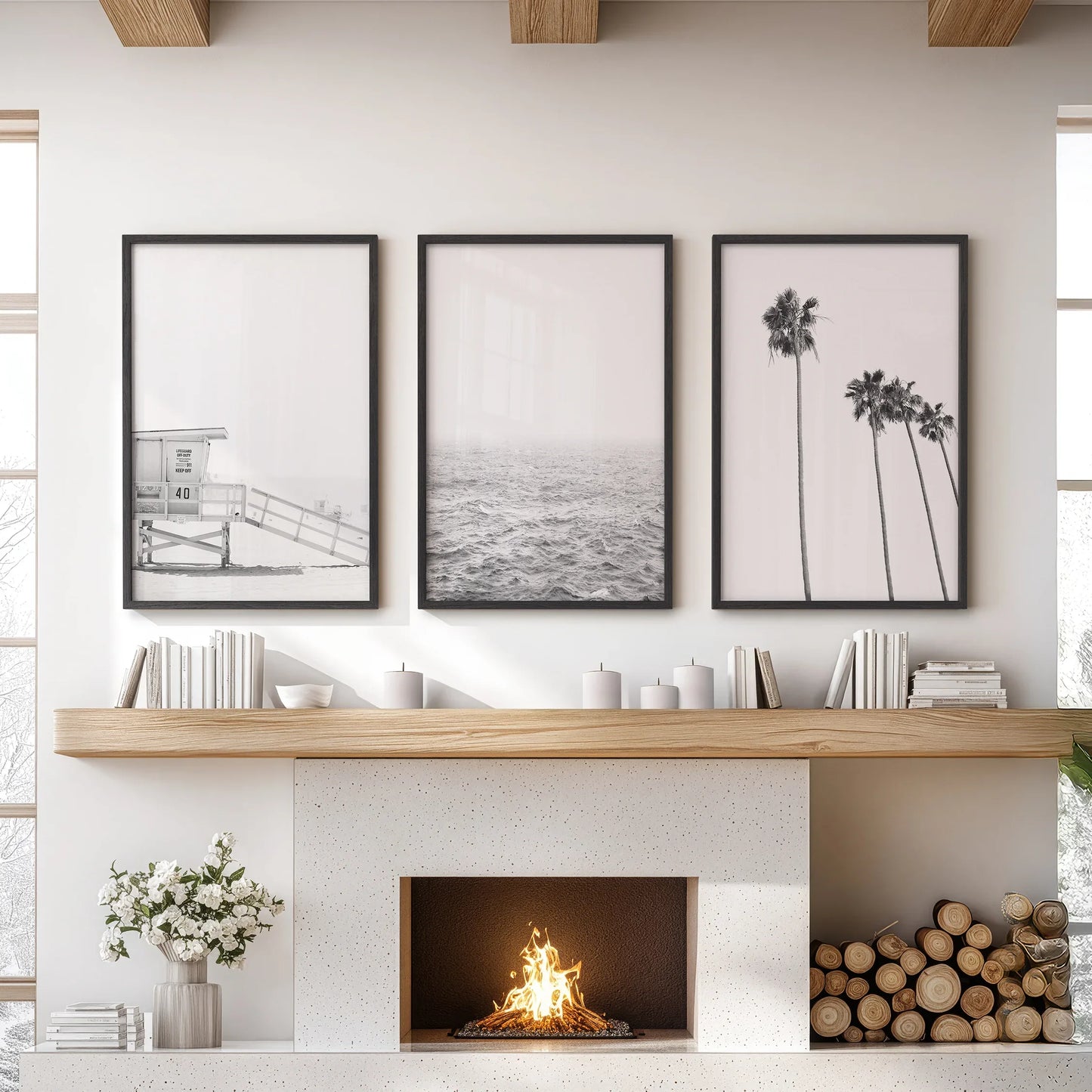 Black White Coastal Wall Art Set: Palms, Ocean, Lifeguard
