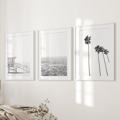 Black White Coastal Wall Art Set: Palms, Ocean, Lifeguard