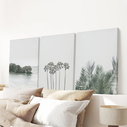 Modern Coastal Wall Art. Ocean Rock, Palms, Tropical Leaf