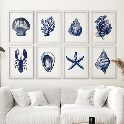 Set of 8 Nautical Prints. Starfish, Shell, Seaweed, Lobster