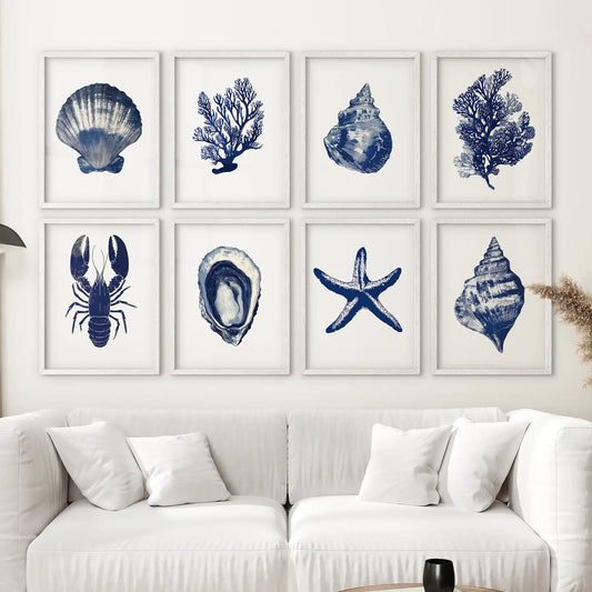 Set of 8 Nautical Prints. Starfish, Shell, Seaweed, Lobster