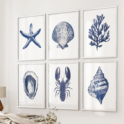 Coastal Set of 6 Art Prints. Shell, Lobster, Starfish, Seaweed