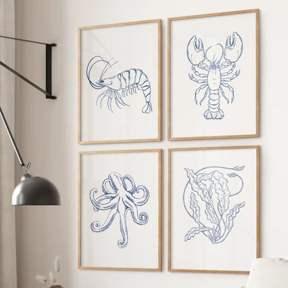 Sealife Line Art Set of 4 Prints. Lobster, Seaweed, Octopus