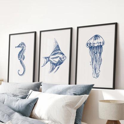 Sea Animal Posters. Seahorse, Fish, Jellyfish Art Print Set