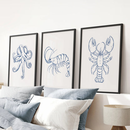 Octopus, Lobster, Crayfish Wall Art. Trendy Set of 3 Prints