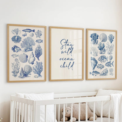Coastal Sea Life Prints. Blue Sea Shells and Fish Print Set