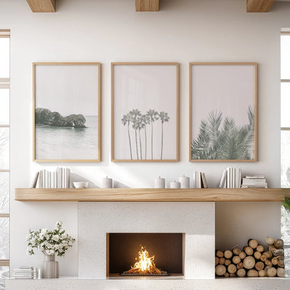 Modern Coastal Wall Art. Ocean Rock, Palms, Tropical Leaf