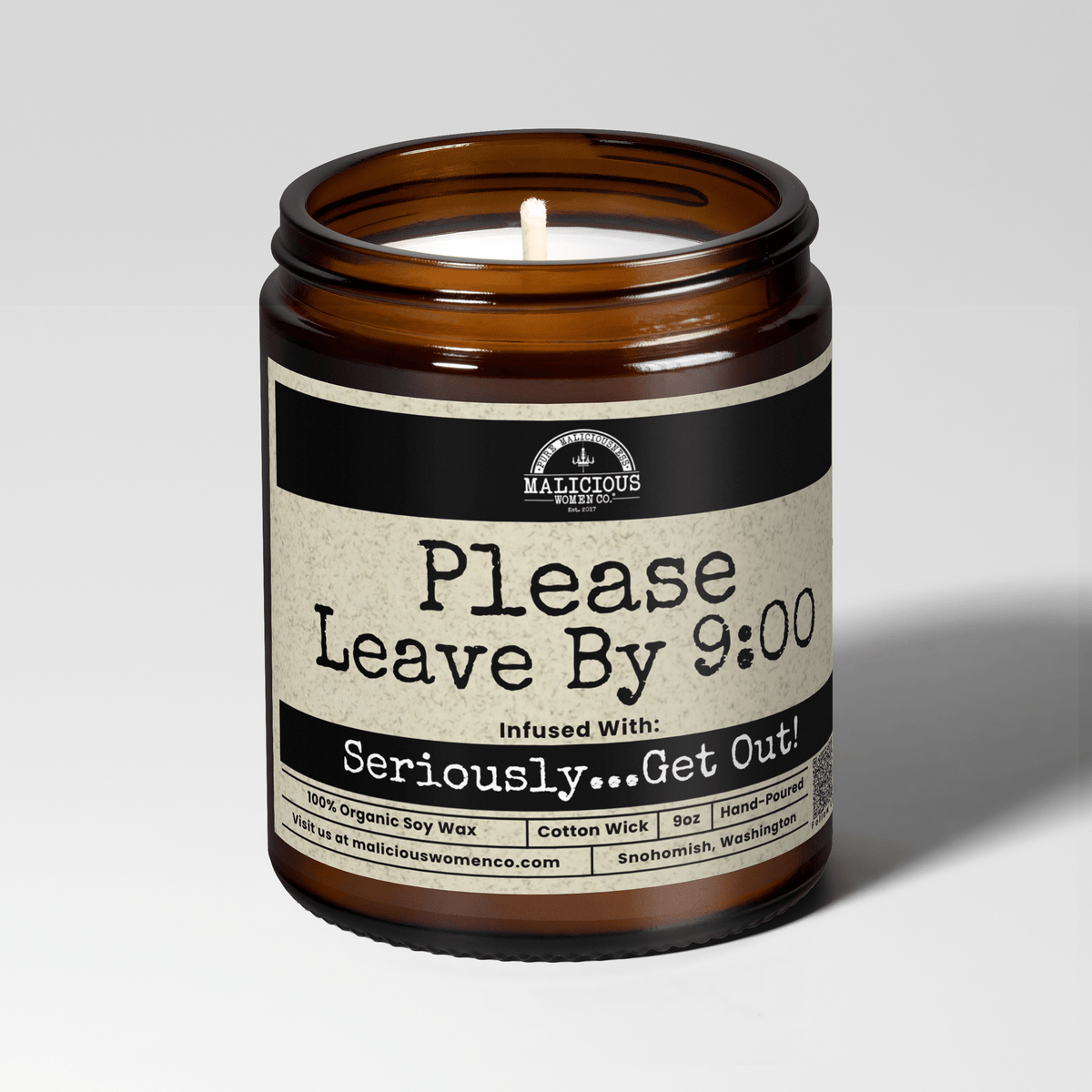 Please Leave By 9:00 | 9oz Funny Candle | Malicious Women Co
