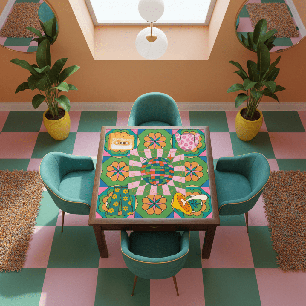 Disco Fever, Nostalgic 70s Green Orange Floral Mahjong Mat