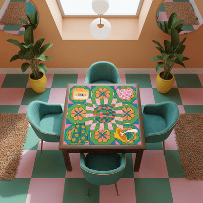 Disco Fever, Nostalgic 70s Green Orange Floral Mahjong Mat