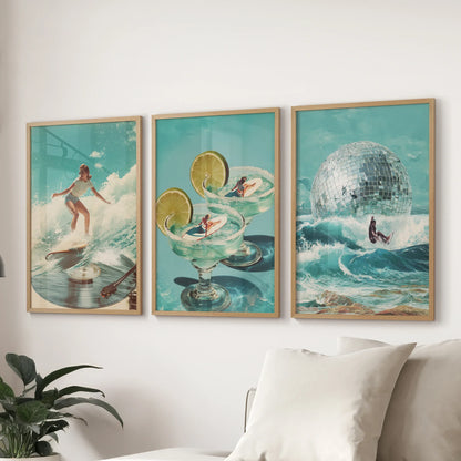 Retro Coastal Surfing Wall Art Set of 3. Surreal Blue Wave