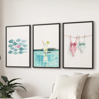 Summer Wall Art Set of 3. Poolside Party Watercolor Prints