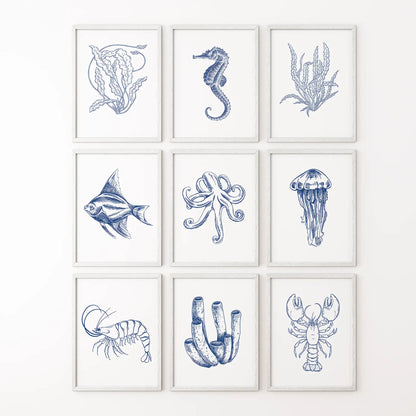 Coastal Nautical Set of 9. Navy Blue Sea Life Prints