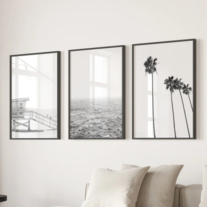 Black White Coastal Wall Art Set: Palms, Ocean, Lifeguard