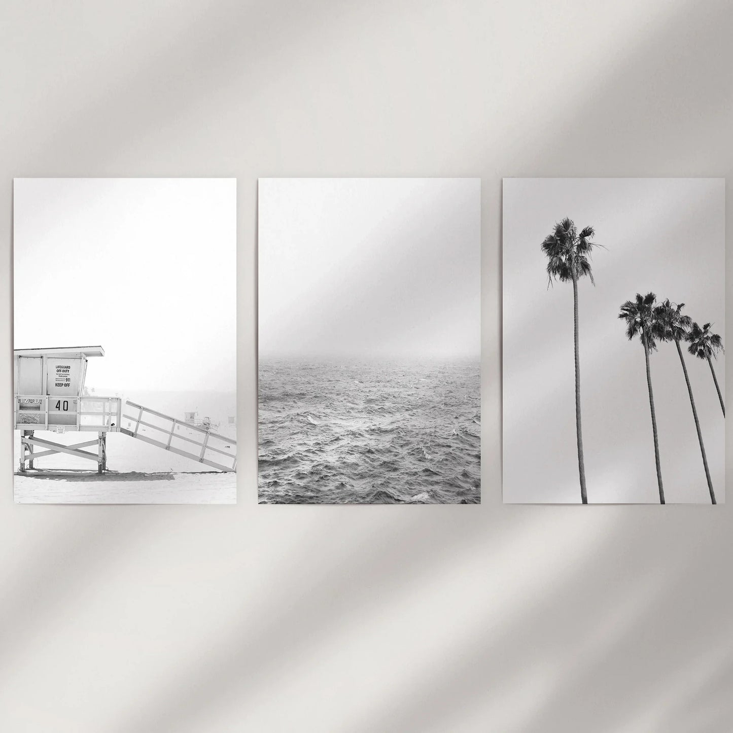 Black White Coastal Wall Art Set: Palms, Ocean, Lifeguard