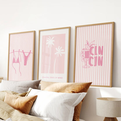 Preppy Coastal Girl Room Décor. Set of 3 Pink Summer Prints