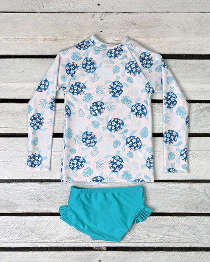 Turtley Cute Girls Long Sleeve Sun Shirt and Ruffled Bottom