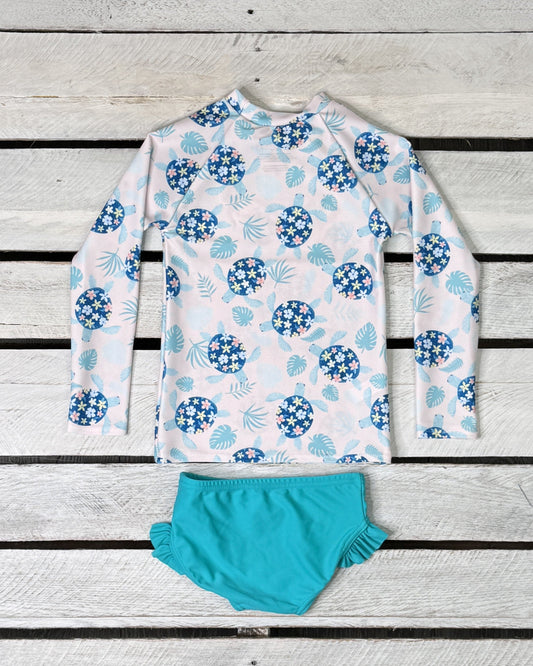 Turtley Cute Girls Long Sleeve Sun Shirt and Ruffled Bottom