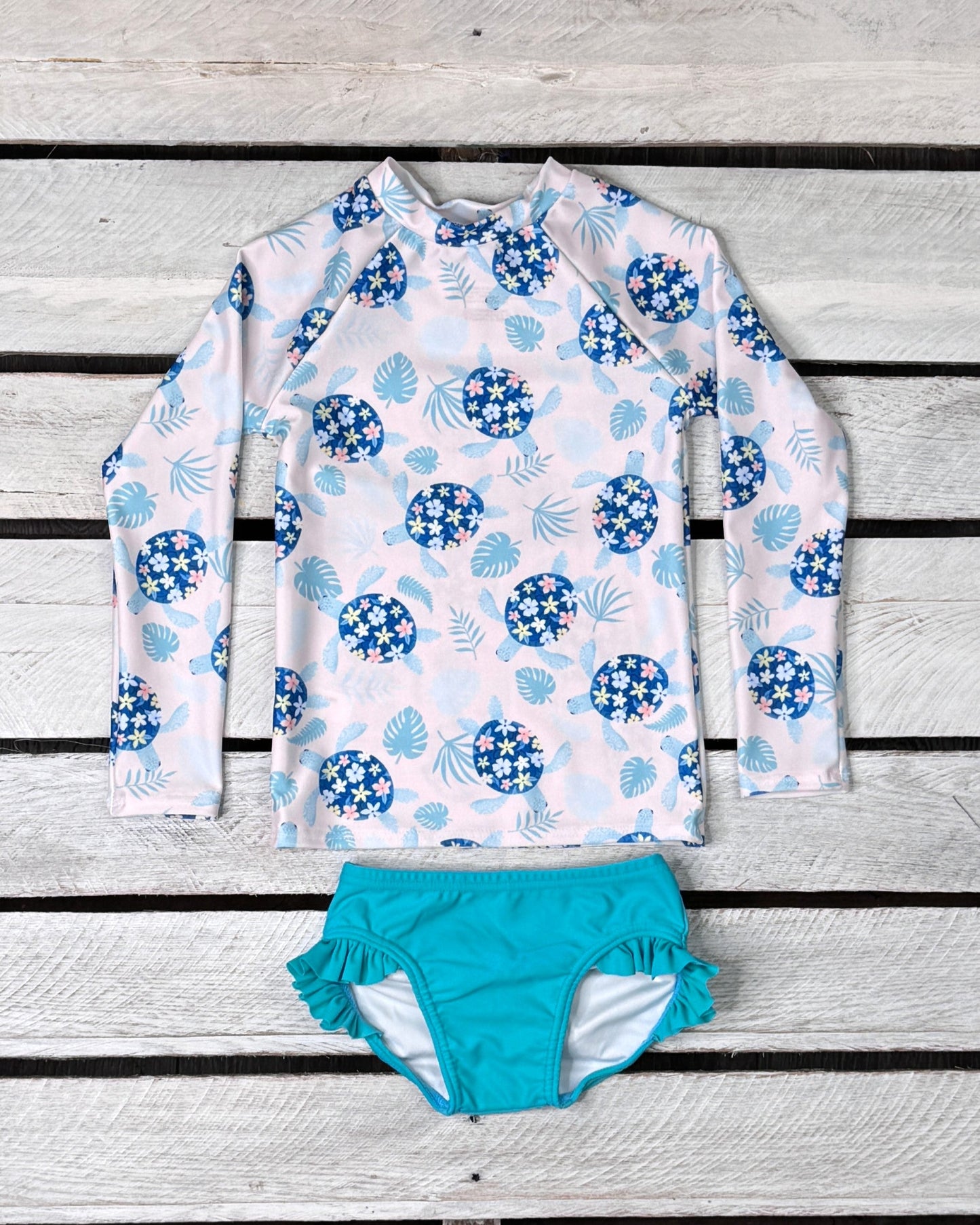 Turtley Cute Girls Long Sleeve Sun Shirt and Ruffled Bottom