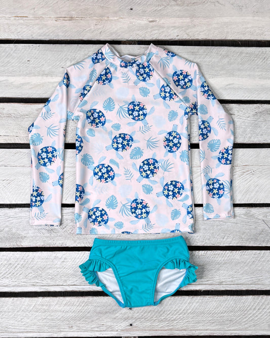 Turtley Cute Girls Long Sleeve Sun Shirt and Ruffled Bottom