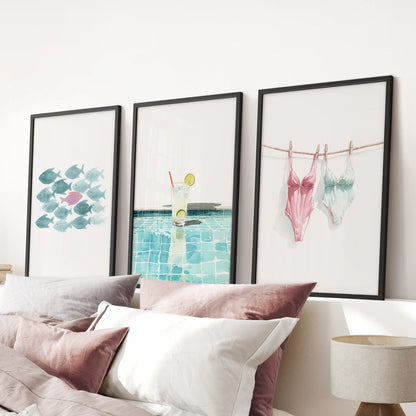 Summer Wall Art Set of 3. Poolside Party Watercolor Prints