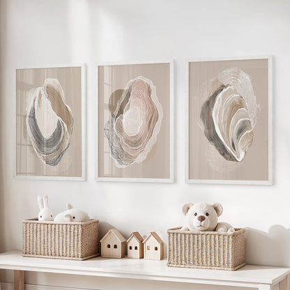 Vintage Oyster Shell Sketch. Minimalist Coastal Wall Art Set