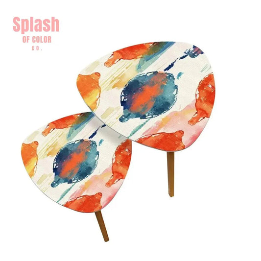 Watercolor Ikat Nesting Tables – Boho Accent Coffee Table Set, Bamboo Side Tables for Living Room & Bedroom Decor